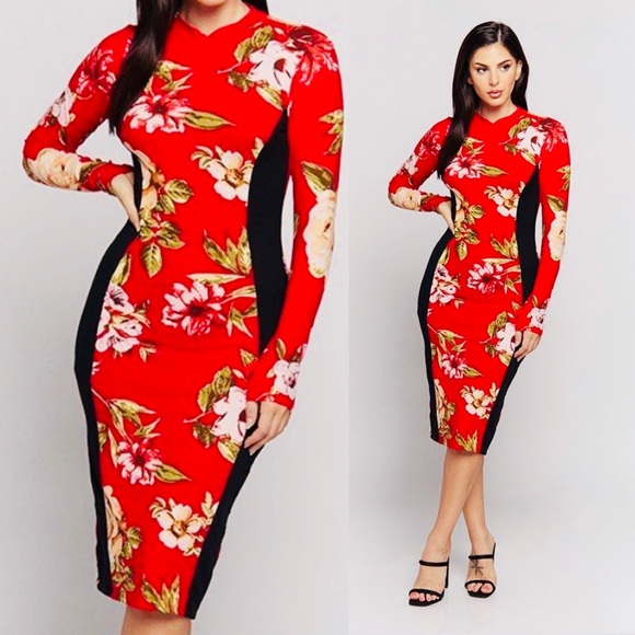 Long Sleeve Floral Print Fitted Midi Dress - Picture 3 of 4
